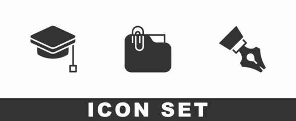 Set Graduation cap, Document folder with clip and Fountain pen nib icon. Vector