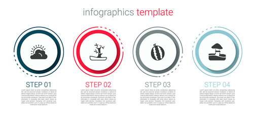 Set Sun and cloud weather, Bare tree, Watermelon and Mushroom. Business infographic template. Vector