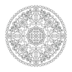 Hearts mandala with padlocks. Anti-stress coloring page. Art Therapy. Vector illustration black and white.