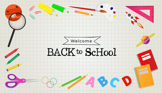 welcome back to school background with school equipments. ready for study.