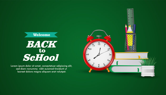 welcome back to school. ready for study. clock and school equipment.