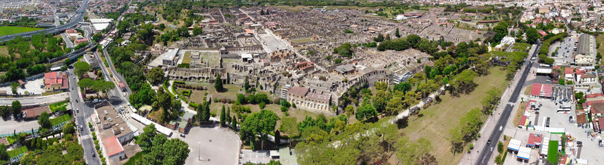 Pompei, Italy. Aerial view of old city from a drone viewpoint in summer season.