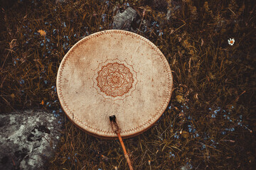 shamanic drum in nature, shamanic drum made of deer goat.