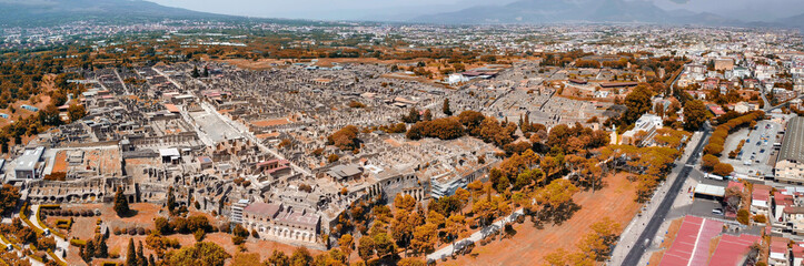 Pompei, Italy. Aerial view of old city from a drone viewpoint in summer season.