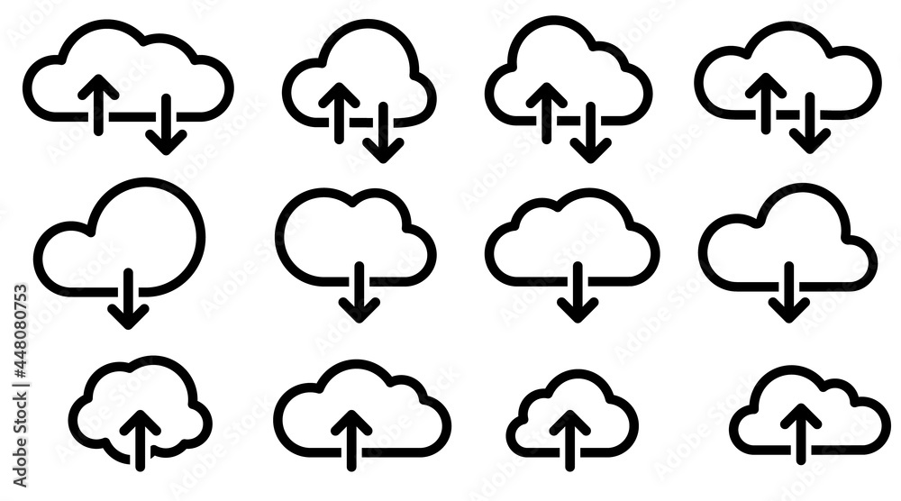 Poster Computer cloud data digital technology Network service sharing line icon set. Isolated icon collection on white background.