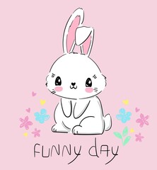 Hand Drawn Cute Bunny and flowers on a pink background. Print design rabbit. Children Print on t-shirt. Funny day letters Vector illustration