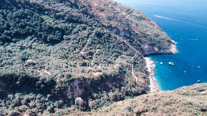 Amalfi coast from Punta Campanella near Sorrento. Amazing aerial view from drone in summer season.