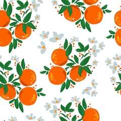 Hand drawn blooming orange Fruits with leaves and flowers Seamless pattern Vector Illustration.