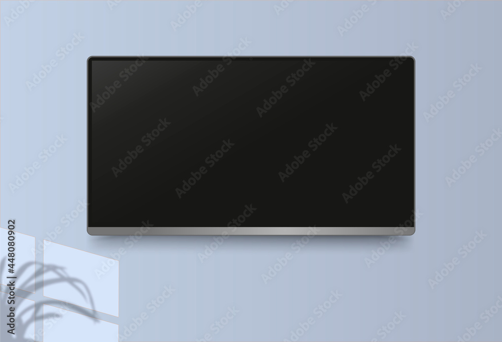 Poster realistic black television screen isolated. 3d blank led monitor display vector mockup. display wide