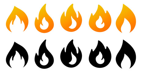 Set of black and orange fire flame. Collection of hot flaming element. Vector flame illustration