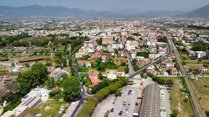 Pompei, Italy. Aerial view of old city from a drone viewpoint in summer season.