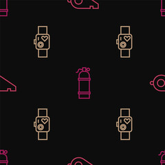 Set line Whistle, Smart watch showing heart beat rate and Aqualung on seamless pattern. Vector
