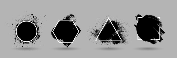 Grunge backgrounds set. Brush black paint ink stroke over geometric frame. Vector illustration