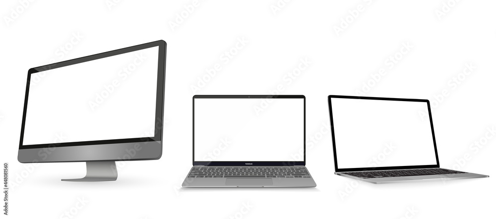 Poster laptop mockup with blank screen. computer mockup set.