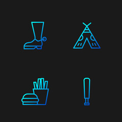 Set line Baseball bat, Burger and french fries, Cowboy boot and Indian teepee or wigwam. Gradient color icons. Vector