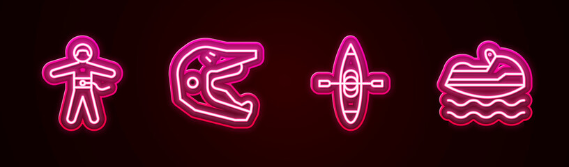 Set line Bungee jumping, Motocross motorcycle helmet, Kayak canoe and Jet ski. Glowing neon icon. Vector