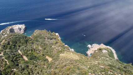 Amalfi coast from Punta Campanella near Sorrento. Amazing aerial view from drone in summer season.
