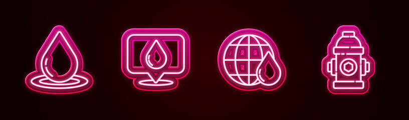 Set line Water drop, with location, Earth planet in water and Fire hydrant. Glowing neon icon. Vector