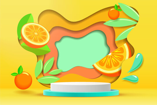 3D white cylinder pedestal podium with Paper cut style illustrator elements of fruit on background.