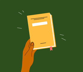 Human hand holding finished or new book. Relaxing time to morning pages, note diary, daily reading. Back to school. Book club member. Education, literacy day. Bookstore, library vector illustration