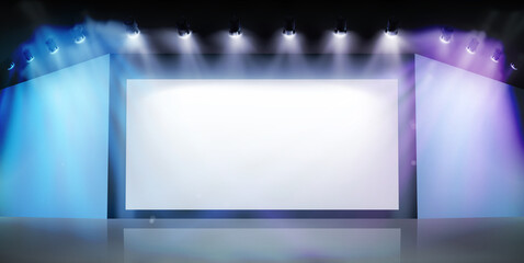 Free space for advertising. Projection screen on the stage. Exhibition in art gallery. Vector illustration. - 448082901