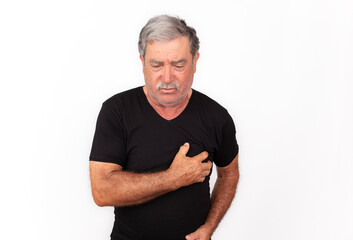 mature male suffering pain chest heart attack. heart disease and healthcare concept.
