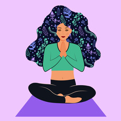 Young beautiful lady meditating. yoga practice sitting in the pose of lotus. Dreaming or praying. Increase vibration. Age of aquarius