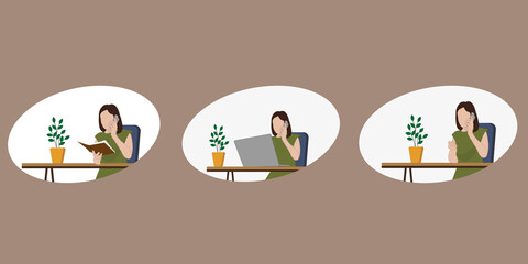Fototapeta premium Business woman at work desk with laptop. Freelancer or office worker. Woman uses laptop and phone while working on a project in the office. Office work at the table. Set. 