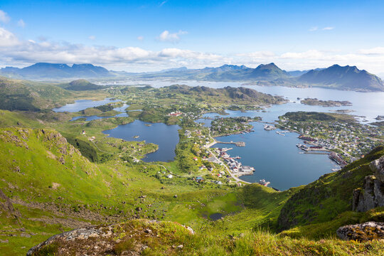 Looking from Nonstinden mountain down to Ballstad, Vestv&aring;g&oslash;ya island, Lofoten Islands, Norway