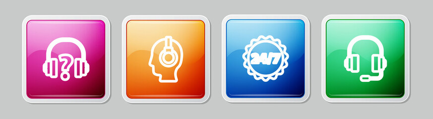 Set line Headphones, Support operator in touch, Clock 24 hours and . Colorful square button. Vector