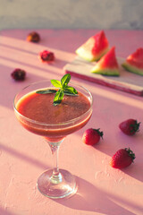 Strawberry, watermelon, peach, smoothy, red, pink, summer, summer drinks, fresh, fruits.