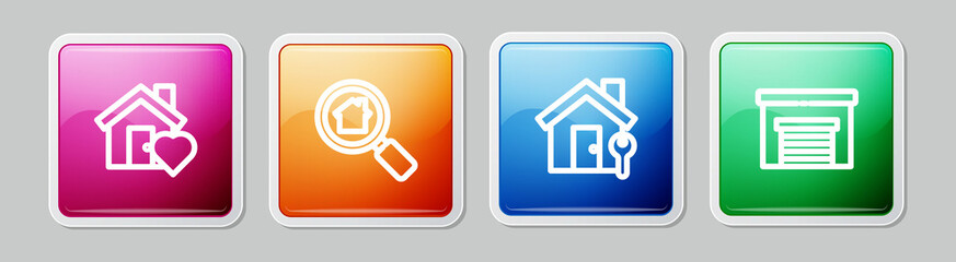 Set line House with heart shape, Search house, key and Garage. Colorful square button. Vector