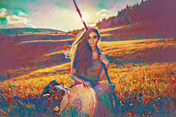 Obraz na płótnie Canvas beautiful shamanic girl playing on shaman frame drum in the nature.
