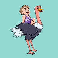little boy riding an ostrich
