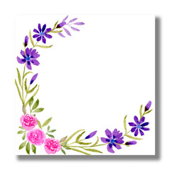 Watercolor floral cards. Wedding invitation cards with purple summer wild flowers and pink roses. Handdrawn Watercolor style, doodle art. Watercolor save the date card. Blank template.