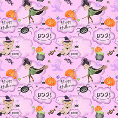 Cute pink purple colorful Halloween party seamless pattern for kids wallpaper. Fabric repeating tile