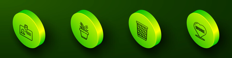 Set Isometric line Identification badge, Plant in pot, Trash can and Heart with text work icon. Vector