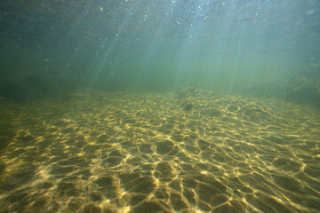 Sandy bottom with sunlight reflections and sun beams. Underwater landscapes of the Baltic Sea.
