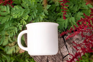 Mug mockup with bokeh green nature. Farmhouse rustic style. White coffee cup mock up. Blank mug printing design template.