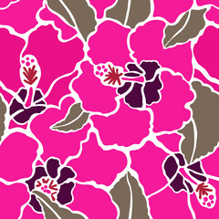 Tropical hibiscus flowers drawn in a minimalistic style. Floral Seamless Pattern
