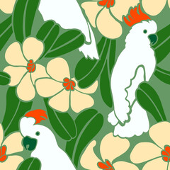 Naklejka premium Tropical minimalist print with white parrot and frangipani flowers. Seamless pattern