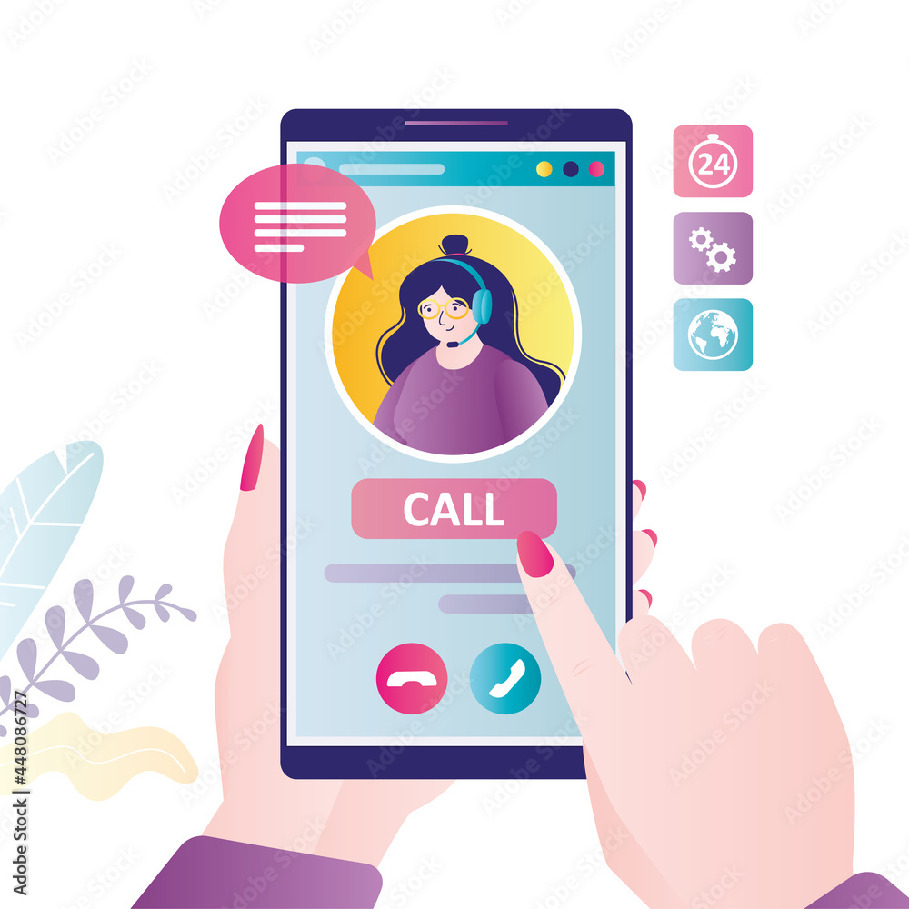 Wall mural hands holding phone with call on screen. female operator with headphones on display. client communic