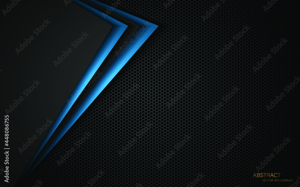Aufkleber Abstract dark gray and blue polygon shapes overlap multiple layers on dark steel mesh background with space for text design. modern technology innovation concept background