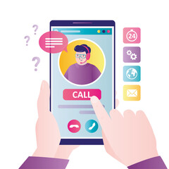 Hand holding phone with video call on screen. Male operator with headphones on display screen. Client communicates with manager from support service.