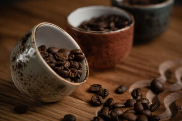 coffee beans in sticks on a wooden board. High quality photo