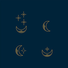 Set of New Year's Moons. Beautiful golden celestial bodies. Stars and the moon in a circle of twinkling. For the design of postcards for Christmas and New Year. Vector illustration