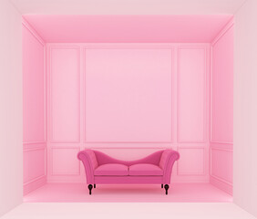 Luxurious pink living room with pink sofa and light pink wall cornices. 3D rendering © Phongphan