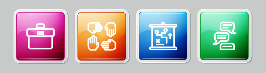 Set line Briefcase, Project team base, Planning strategy concept and Speech bubble chat. Colorful square button. Vector