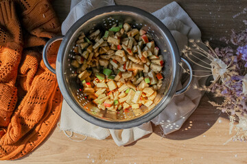 Autumn composition. Preparation to bake an apple pie. Cosy concept.