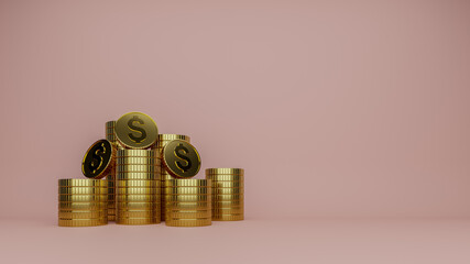Gold dollar coins stack with pink pastel background, gold concept - 3d rendering